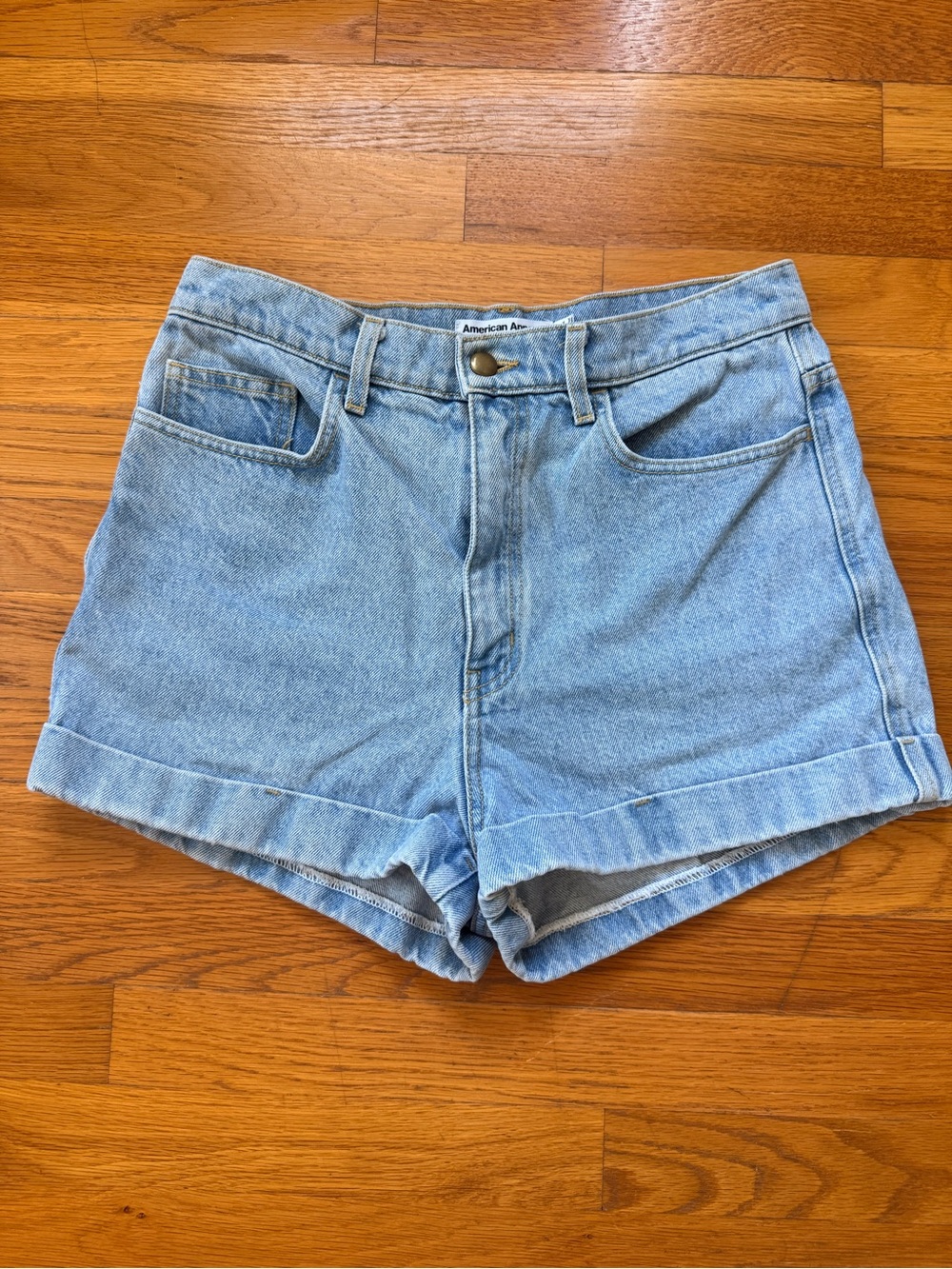 American Apparel Light Wash Denim High-Rise Rolled Hem Shorts